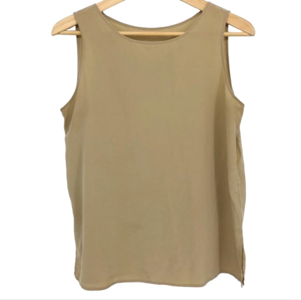 Silk 100% Tan / Khaki  scoop neck layering tank top side slits